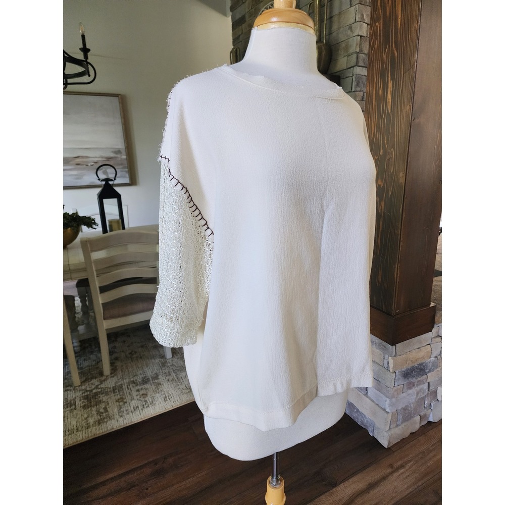 Umgee USA Womens Cream Crochet Lace Sleeve Whipstitch Top Boho Large